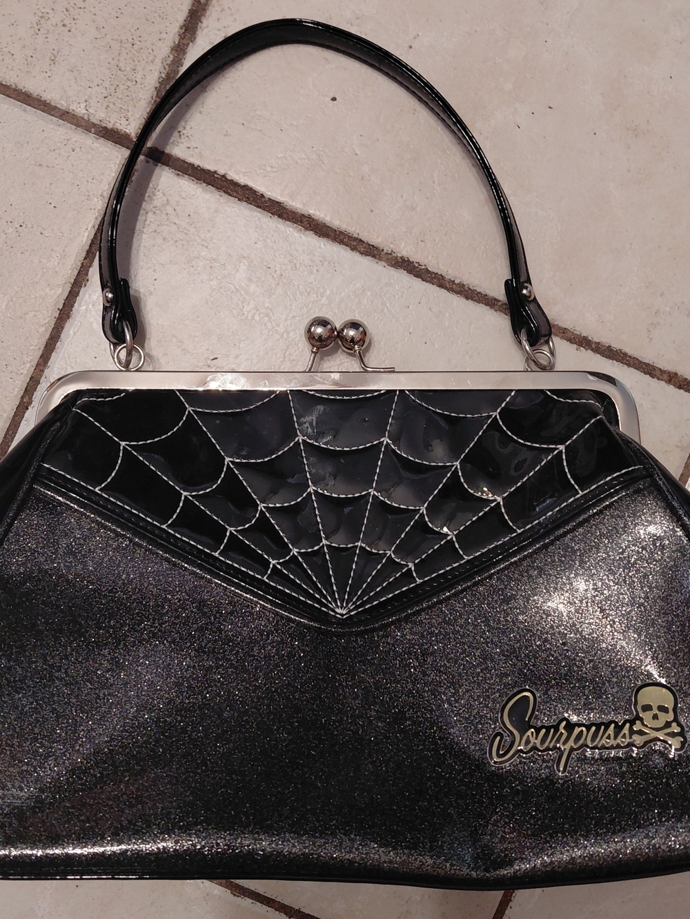 Sourpuss Large Black Glitter Spiderweb Frame Handbag